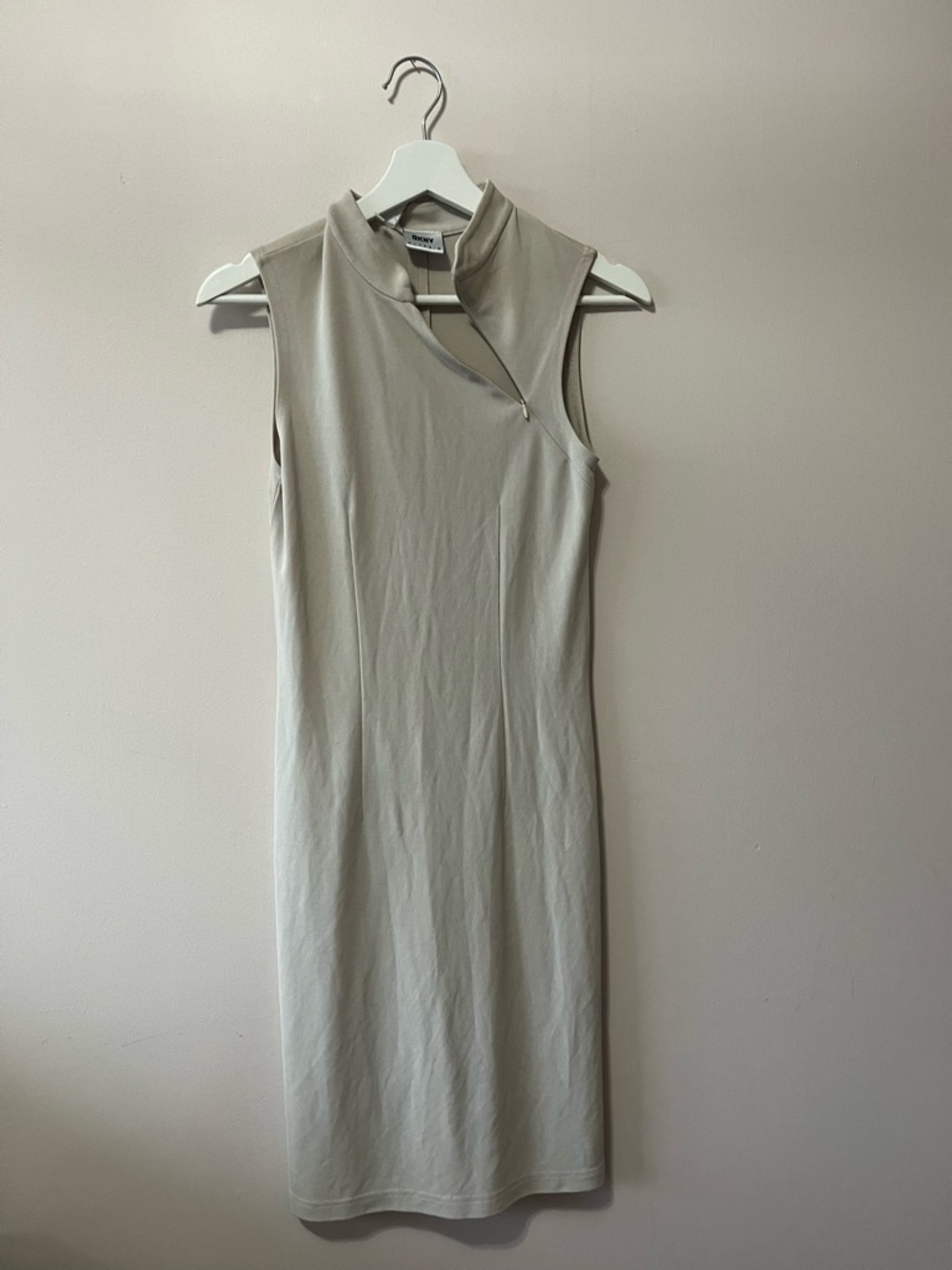 90s Vintage DKNY Sleeveless Asymmetrical Zip Midi Dress - Cream